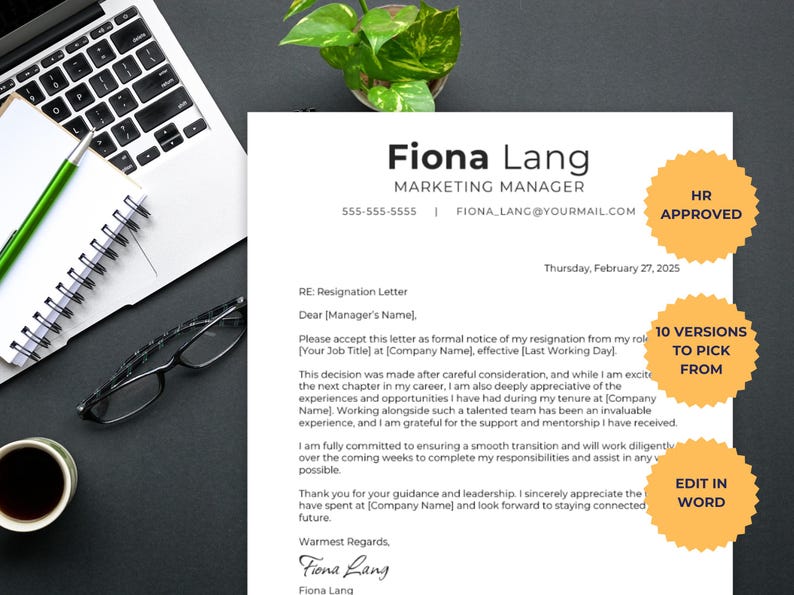 Professional Resignation Letter Template | 10 Options Editable in Word ...