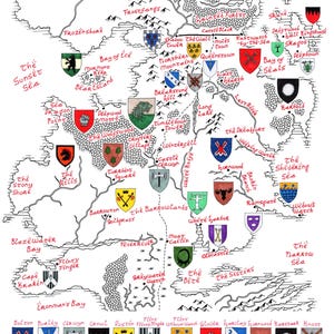 May include: A detailed map of "The North" with various locations and crests. The map is hand-drawn in black ink with red lettering, featuring geographical features and family sigils.