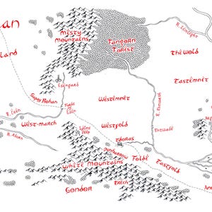 May include: Hand-drawn map of Rohan, featuring Misty Mountains, Fangorn Forest, and White Mountains. The map includes place names in red, such as Dunland, Gondor, and Isengard, with a compass rose in the upper right corner.