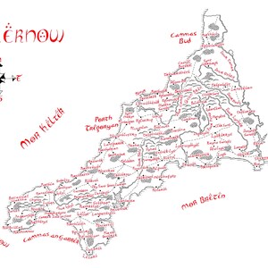 May include: A detailed black and white map of a region, with red text labeling locations and geographical features. The map includes a compass rose and the word "Kernow" at the top. The style is reminiscent of fantasy or historical cartography.