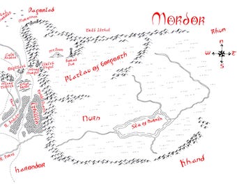 May include: A detailed black and white map of Mordor, with red text labels. The map includes geographical features like mountains, rivers, and the Sea of Nurnen. The compass rose indicates directions.