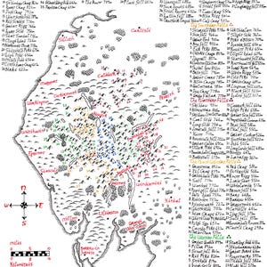 May include: A hand-drawn map of the Lake District Wainwright Fells in England. The map is in black and white with red, blue, green, and orange markings. The map includes a compass, a scale in miles and kilometres, and a list of mountains and their heights in metres.