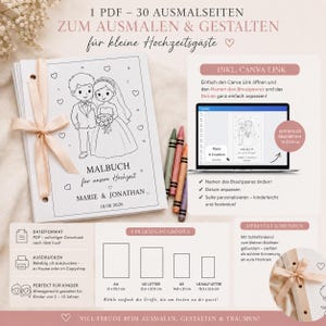 Könnte beinhalten: Ein druckbares Hochzeits-Malbuch für Kinder mit einer Strichzeichnung von Braut und Bräutigam auf dem Einband, gebunden mit einem hellrosa Schleifenband. Das Dokument enthält 30 Seiten, einen Canva-Link zur Bearbeitung und vier Größen.