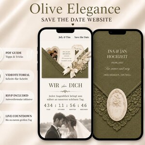 Olive Green Save the Date Website Canva Vorlage Digitale Hochzeitseinladung RSVP Countdown Google Sheets Video Tutorial Deutsch Download