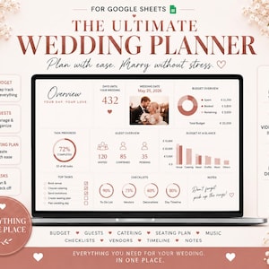 Könnte beinhalten: Eine digitale Hochzeitsplaner-Vorlage für Google Sheets auf einem Laptop-Bildschirm. Die Benutzeroberfläche zeigt roségoldene Akzente, Budgetdiagramme, Gästelisten, Aufgabenfortschrittskreise und Checklisten. Der Text lautet The Ultimate Wedding Planner.