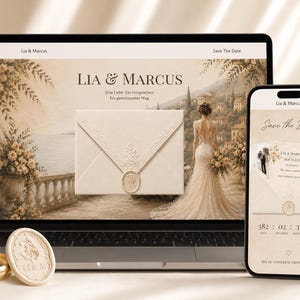 Könnte beinhalten: Ein Laptop und ein Smartphone zeigen eine Hochzeitswebsite mit dem Text Lia & Marcus und Save The Date. Der Bildschirm zeigt einen Umschlag mit Wachssiegel und eine Braut. Ein goldener Ring und ein Wachssiegel mit den Initialen L & M liegen davor.