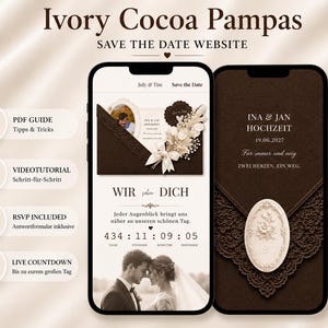 Ivory Cocoa Pampas Save the Date Website Canva Vorlage Digitale Hochzeitseinladung RSVP Countdown Google Sheets Video Tutorial Deutsch