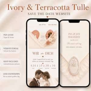 Könnte beinhalten: Zwei Smartphones zeigen eine Vorlage für eine Hochzeits-Website in Elfenbein und Terrakotta. Die Bildschirme zeigen florale Umschlag-Grafiken, einen Countdown-Timer sowie den Text "Ivory & Terracotta Tulle" und "SAVE THE DATE WEBSITE".