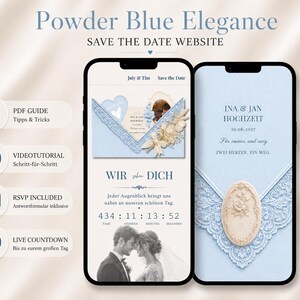 Powder Blue Save the Date Website Canva Vorlage Digitale Hochzeitseinladung RSVP Countdown Google Sheets Video Tutorial Deutsch Download
