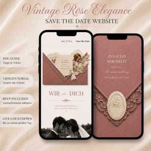 Vintage Rose Save the Date Website Canva Vorlage Digitale Hochzeitseinladung RSVP Countdown Google Sheets Video Tutorial Deutsch Download