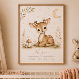 May include: A rectangular framed wall print featuring a brown fawn illustration, mushrooms, stars, and a crescent moon. The text reads Alisia, 01.02.2026, 02:17, 2433g, and 46cm. The design uses soft beige and brown tones on a light background.