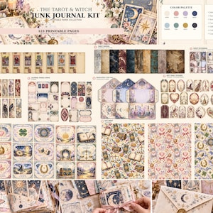 Könnte beinhalten: Ein digitales Junk-Journal-Set mit dem Titel The Tarot & Witch Junk Journal Kit mit 123 druckbaren Seiten. Enthält Tarot-Notizen, Papiere, Ephemera, Lesezeichen, Journal-Karten, Umschläge, Geschenkanhänger, Aufkleber und Zauberkarten mit Motiven.