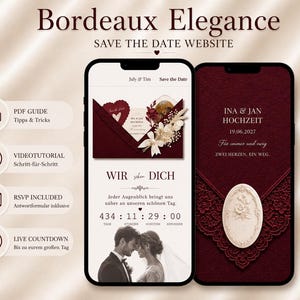 Burgundy Save the Date Website Canva Vorlage Digitale Hochzeitseinladung RSVP Countdown Google Sheets Video Tutorial Deutsch Download