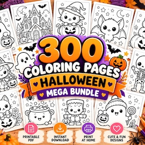 Könnte beinhalten: Eine Sammlung von 300 Halloween-Malvorlagen mit schwarz-weißen Strichzeichnungen von Geistern, Kürbissen, Katzen, Fledermäusen, Skeletten und Hexen. Der zentrale Text lautet 300 COLORING PAGES HALLOWEEN MEGA BUNDLE mit Symbolen für PDF und Druck.