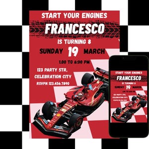 Invito di Formula 1 per una festa Ferrari, invito auto da corsa, invito download immediato per ragazzi, decorazioni per feste sportive