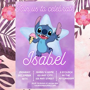 Modello di invito di compleanno Stitch modificabile, inviti per feste di compleanno stampabili, invito digitale per feste per bambini, Lilo