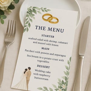 Modello di menu per matrimonio verde Menu moderno stampabile,Menu per cena in ,Menu per matrimonio verde con fedi nuziali