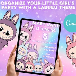 Invito di compleanno Labubu versione , invito stampabile modificabile, modello di invito per festa Labubu, download immediato, invito CANVA