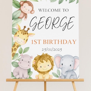 Cartello di benvenuto per compleanno modificabile, poster per festa di compleanno di animali da safari, decorazione mobile per compleanno