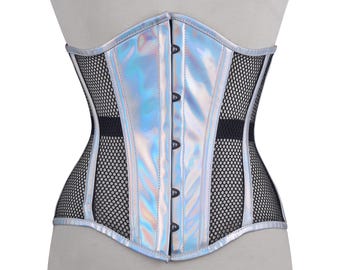 Women’s Holographic Mesh Waist Trainer Corset – Underbust Steel Boned Shaper, Heavy Duty Slimming Corset