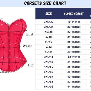 May include: A red corset size chart with measurements in inches. The chart includes bust, waist, and hip measurements, along with corresponding closed corset and natural body waist sizes. The text "CORSETS SIZE CHART" is at the top.