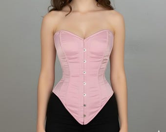 Heavy Duty Steel Boned Overbust Corset | Pink Satin Waist Trainer for Women