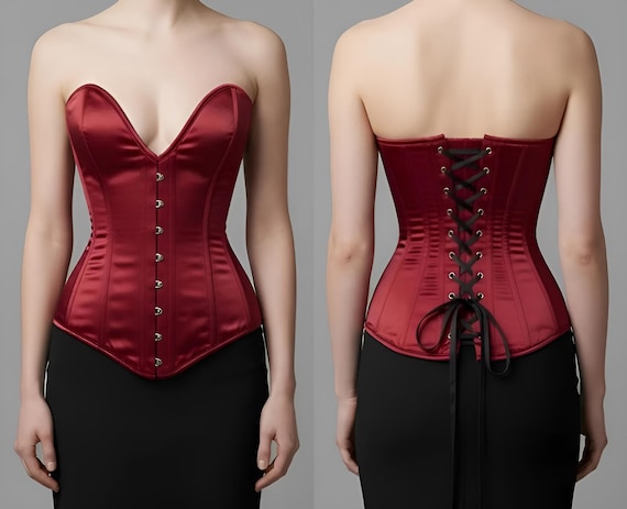 Women Maroon Satin Overbust Corset | Heavy-Duty Steel Boned Waist Trainer
