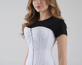 White Cotton Overbust Corset | Steel Boned Waist Trainer for Women