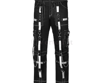 Custom Made Unisex Gothic Threads Reflective Pant Black Cyber Rock Trousers Punk Buckle Zips Chain Strap Punk Trousers