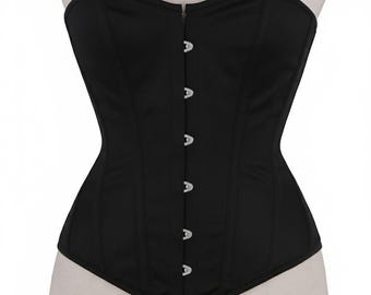 Black Cotton Overbust Corset for Women – Double Steel Boned Hourglass Waist Trainer - Party Costume