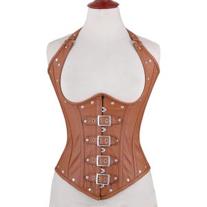 Heavy Duty Underbust Waist Trainer Steel Boned Leather Corset Steampunk Studs and Goth Style Buckle Closure Corset