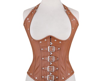 Steel Boned Leather Underbust Corset: Steampunk Goth Waist Trainer