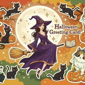 Peut inclure: Illustration de carte de vœux d'Halloween avec une sorcière sur un balai, entourée de chats, de chiens et d'un lapin, tous en costumes de sorcières. L'arrière-plan comprend une pleine lune, des citrouilles et le texte "Halloween Greeting Card!"