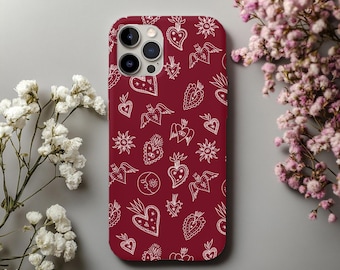 Sacred Heart Phone Case, Vintage Mosaic Print Illustration, Flaming Heart Cover, Boho Tattoo Style, iPhone 16 15 14 13 12 11, Samsung, Pixel