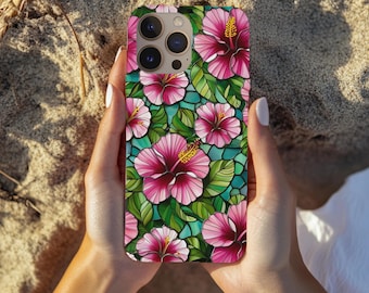 Stained Glass Effect Phone Case, Hibiscus Floral Case, Collage Aesthetic Phone Cover, iPhone 16, 15, 14, 13, 12, 11, Samsung, Google Pixel