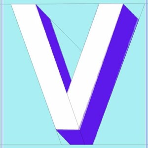 May include: A graphic design of the letter "V" in a 3D style. The letter is primarily white with a purple shadow effect on the right side. The background is a light blue color, and the design is enclosed within a light blue border.