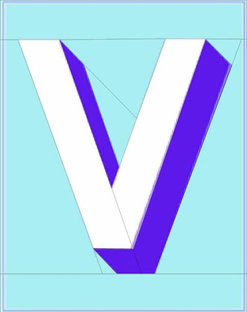 May include: A graphic design of the letter "V" in a 3D style. The letter is primarily white with a purple shadow effect on the right side. The background is a light blue color, and the design is enclosed within a light blue border.