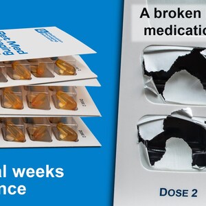 May include: Image of pet medication packaging. The packaging includes blister packs with clear capsules. Text on the packaging reads "Pet Med Packaging" and "Make several weeks in advance." A close-up shows a blister pack with broken seals, indicating medication has been taken.