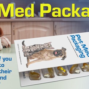 May include: Image of pet medication packaging with a beagle dog and a blister pack of pills. The packaging features a cat and a pug illustration. Text reads "Pet Med Packaging" and "Ever wonder if you remembered to give your pet their medications and supplements?"