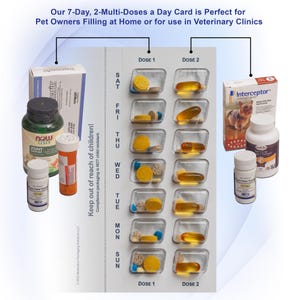 May include: A pill organizer card with clear compartments for each day of the week, labeled with "DOSE 1" and "DOSE 2". Various pill bottles and boxes are arranged around the card, including "Interceptor" and "Joint Support". The text reads "Keep out of reach of children!"