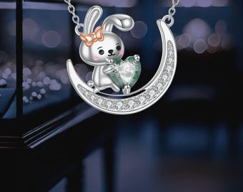 Kaninchen Mond Halskette 925 Sterling Silber Häschen Schmuck Anhänger Halskette