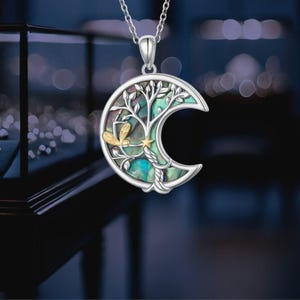 Fairy Tree of Life Moon Necklace For Women 925 Sterling Silver Abalone Shell Jewelry Pendant Necklace