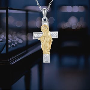 Collana con croce della Vergine Maria cristiana per donna, in argento 925, con ciondolo a croce