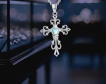 Jesus Cross Moonstone Necklace 925 Sterling Silver Jewelry Christian Cross Pendant Necklace