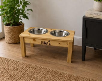 Handmade Raised Dog Feeder: Natural Wood, Stainless Steel Bowls, Healthier Digestion