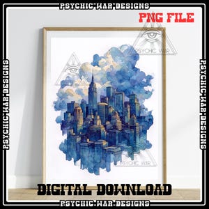 New York City Watercolor Art PNG Digital Download Wall Art Poster Cityscape Blue Sky Watercolour Painting Inspired Architecture Buildings