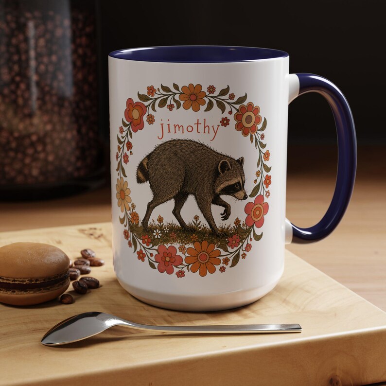 Jimothy the Raccoon Accent Mug Retro Cottagecore Raccoon Coffee Mug Cute Woodland Mug Funny Raccoon Gift Vintage Floral Mug 11oz & 15oz