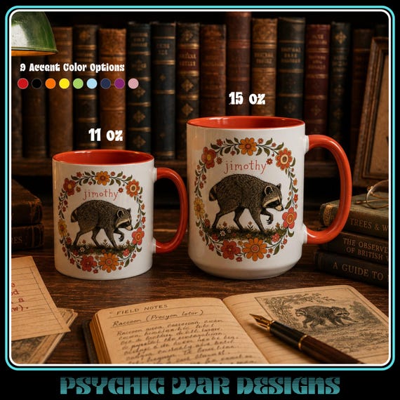Jimothy the Raccoon Accent Mug Retro Cottagecore Raccoon Coffee Mug Cute Woodland Mug Funny Raccoon Gift Vintage Floral Mug 11oz & 15oz