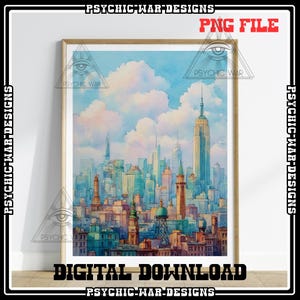 New York City Watercolor Art PNG Digital Download Wall Art Poster Cityscape Blue Sky Watercolour Painting Inspired Architecture Buildings