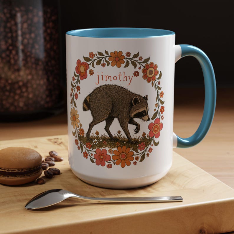 Jimothy the Raccoon Accent Mug Retro Cottagecore Raccoon Coffee Mug Cute Woodland Mug Funny Raccoon Gift Vintage Floral Mug 11oz & 15oz